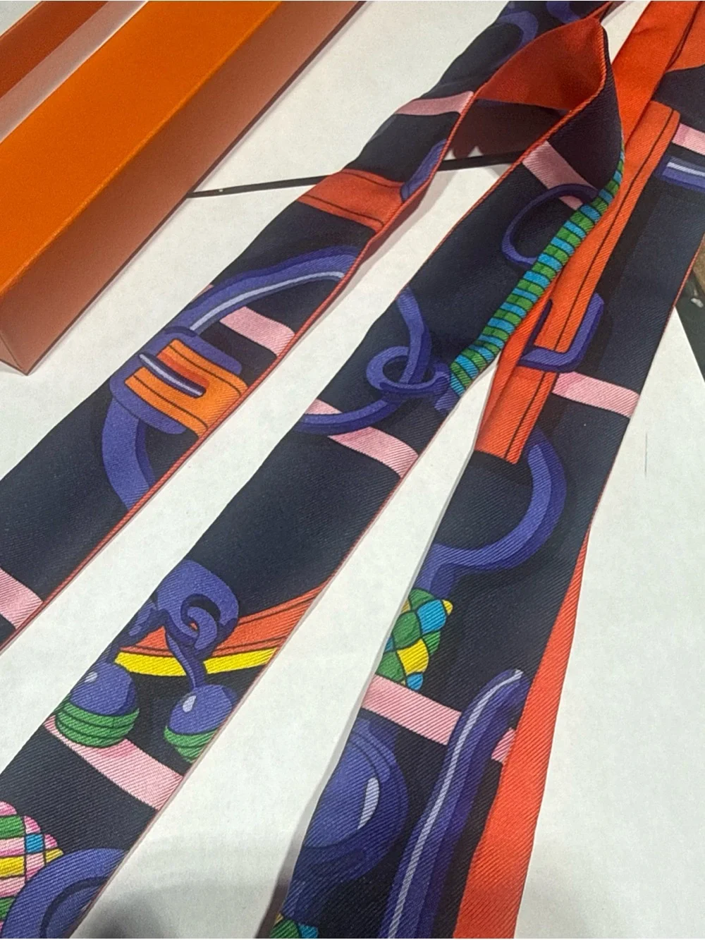 HERMES Twillon Scarf Silk Navy/Orange Original Box Great Gift